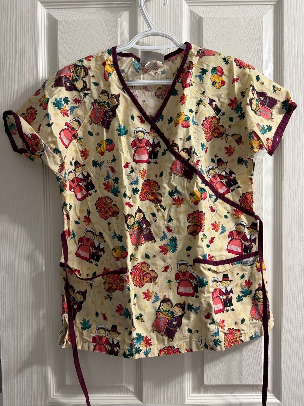 UA Scrubs Cream Thanksgiving Print Short Sleeve Top with Burgundy Trim
